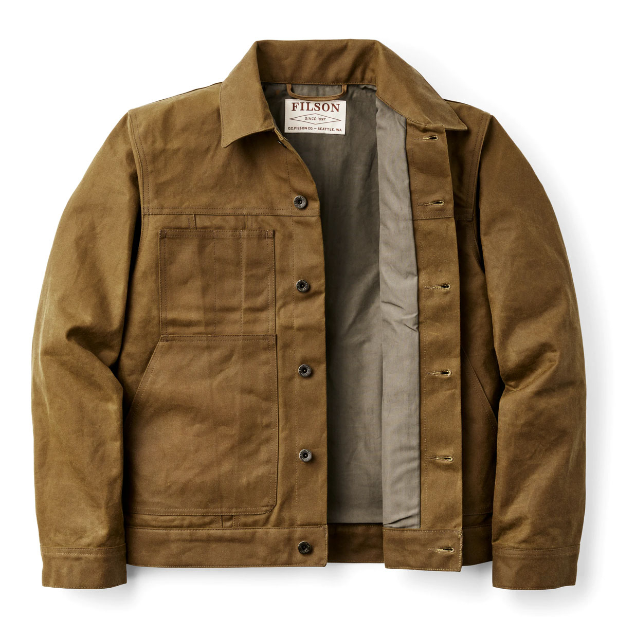 overtro emne Prestige Filson Tin Cloth Short Lined Cruiser Jacket Dark Tan, tough work jacket