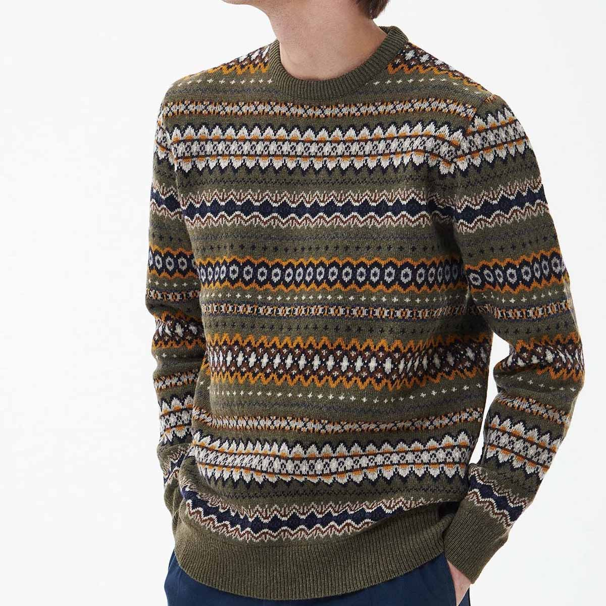 Barbour Case Fairisle Crew Neck Jumper Willow Green, this tailored knit blends luxurious warmth with a contemporary Fair Isle design