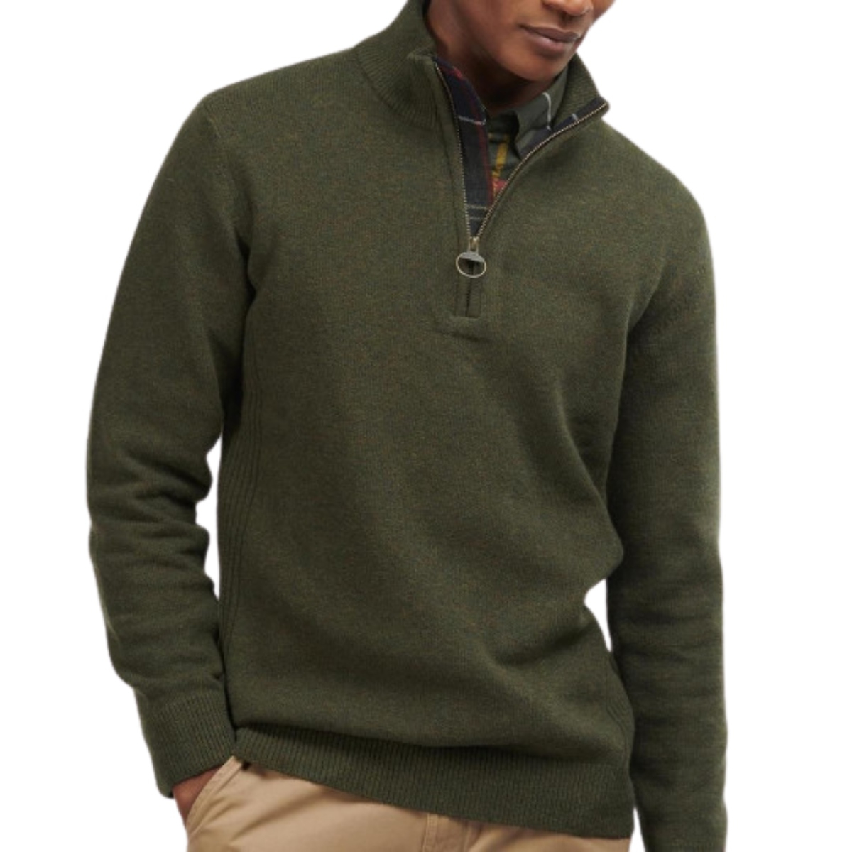 Barbour Holden Half Zip Lambswool Sweater Olive Marl, sweater made with premium Lamswool