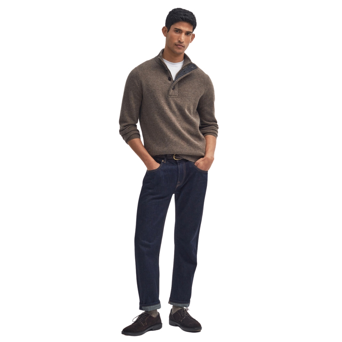 Barbour Patch Half Button Lamswool Sweater in Dark Stone is perfect for the stylish man who values classic elegance combined with a touch of modern flair