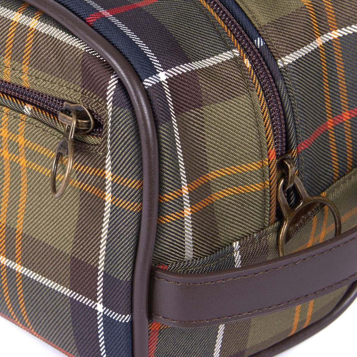 Barbour Tartan Leather Wash Bag in Classic Tartan, luxury leather, stylish design, perfect for organized travel