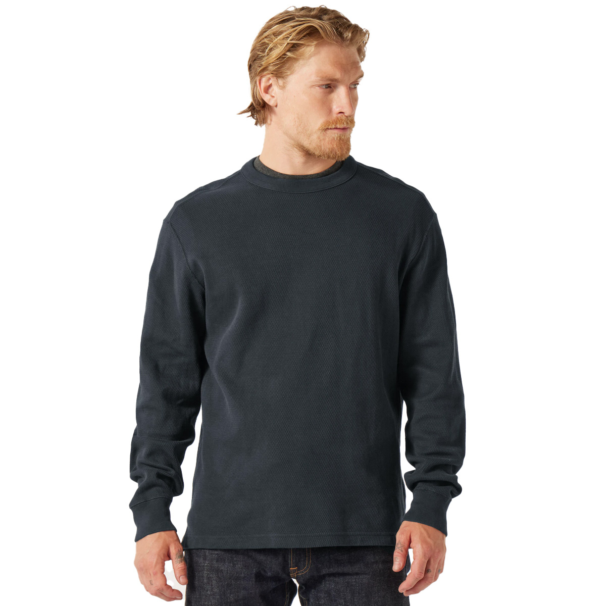 Filson Waffle Knit Thermal Crew Navy, Styled on model for size