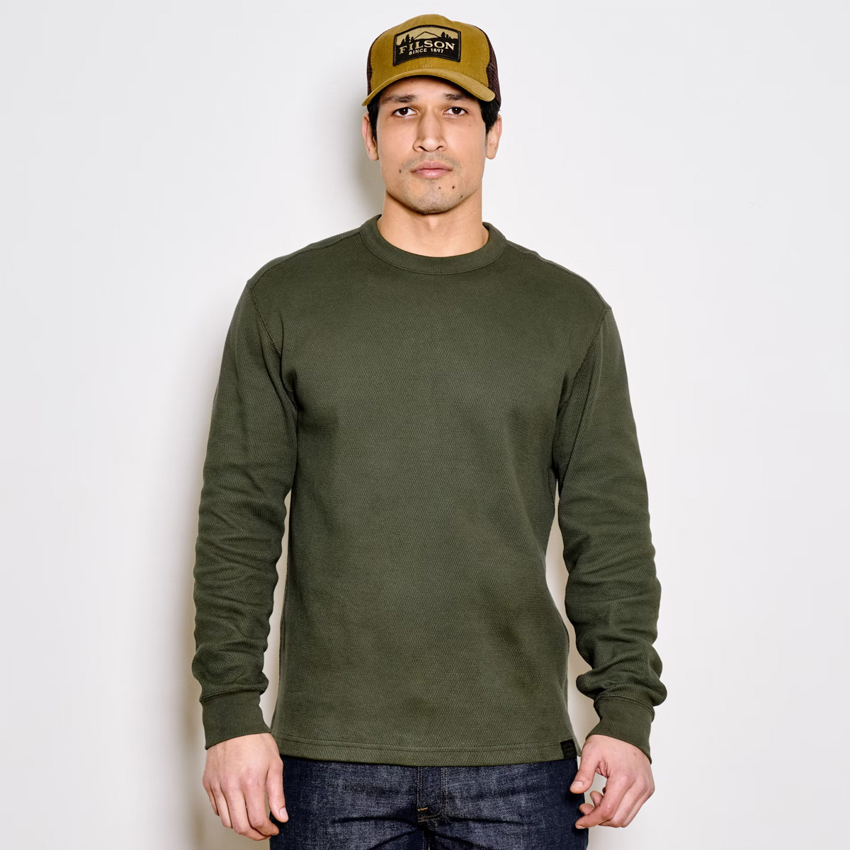 Filson Waffle Knit Thermal Crew Mossy Rock, Styled on model for size