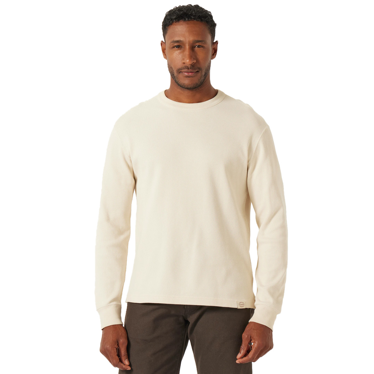 Filson Waffle Knit Thermal Crew Sand, Styled on model for size