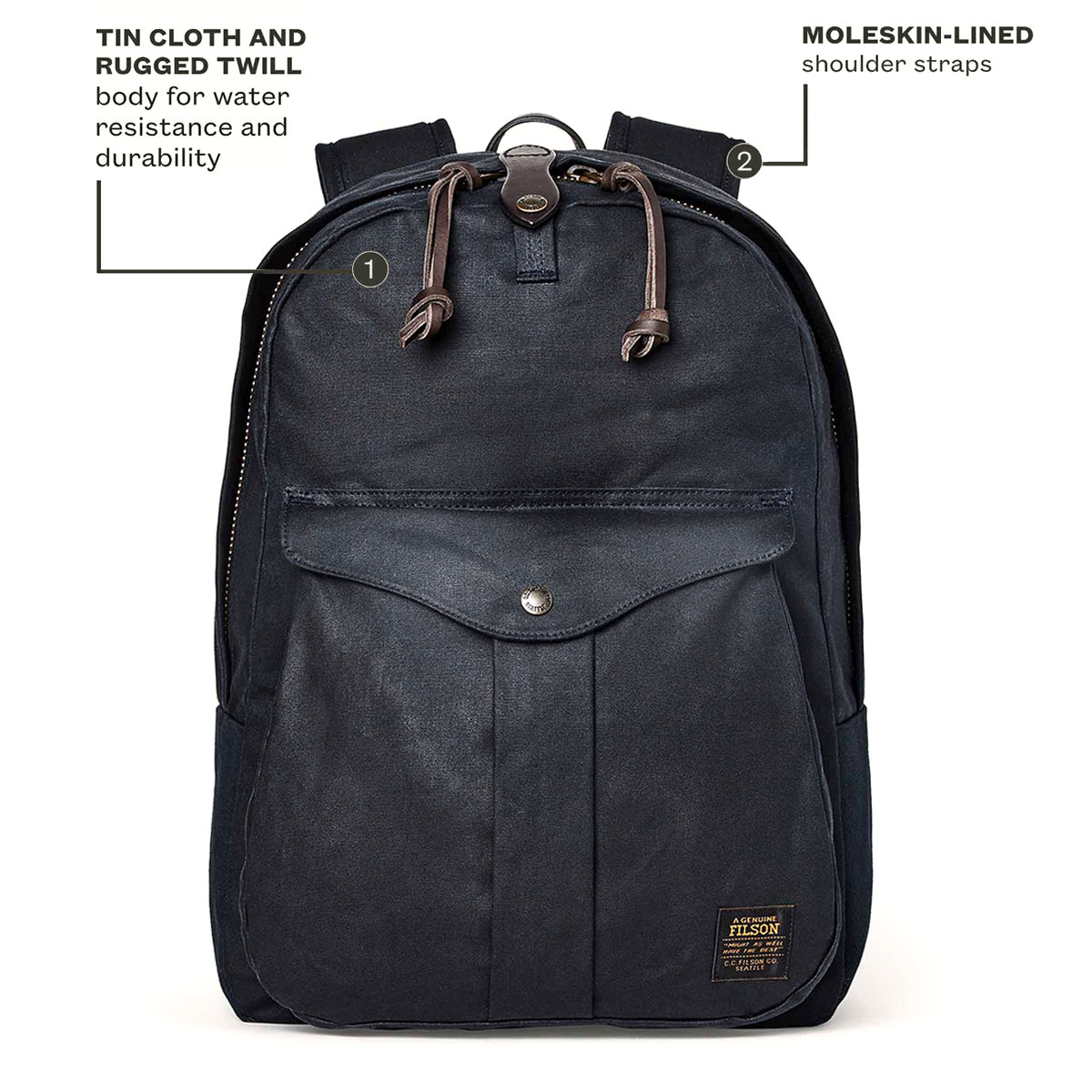 Filson Journeyman Backpack Navy, made of Tin Cloth and Rugged Twill Canvas for waterproofing and durability