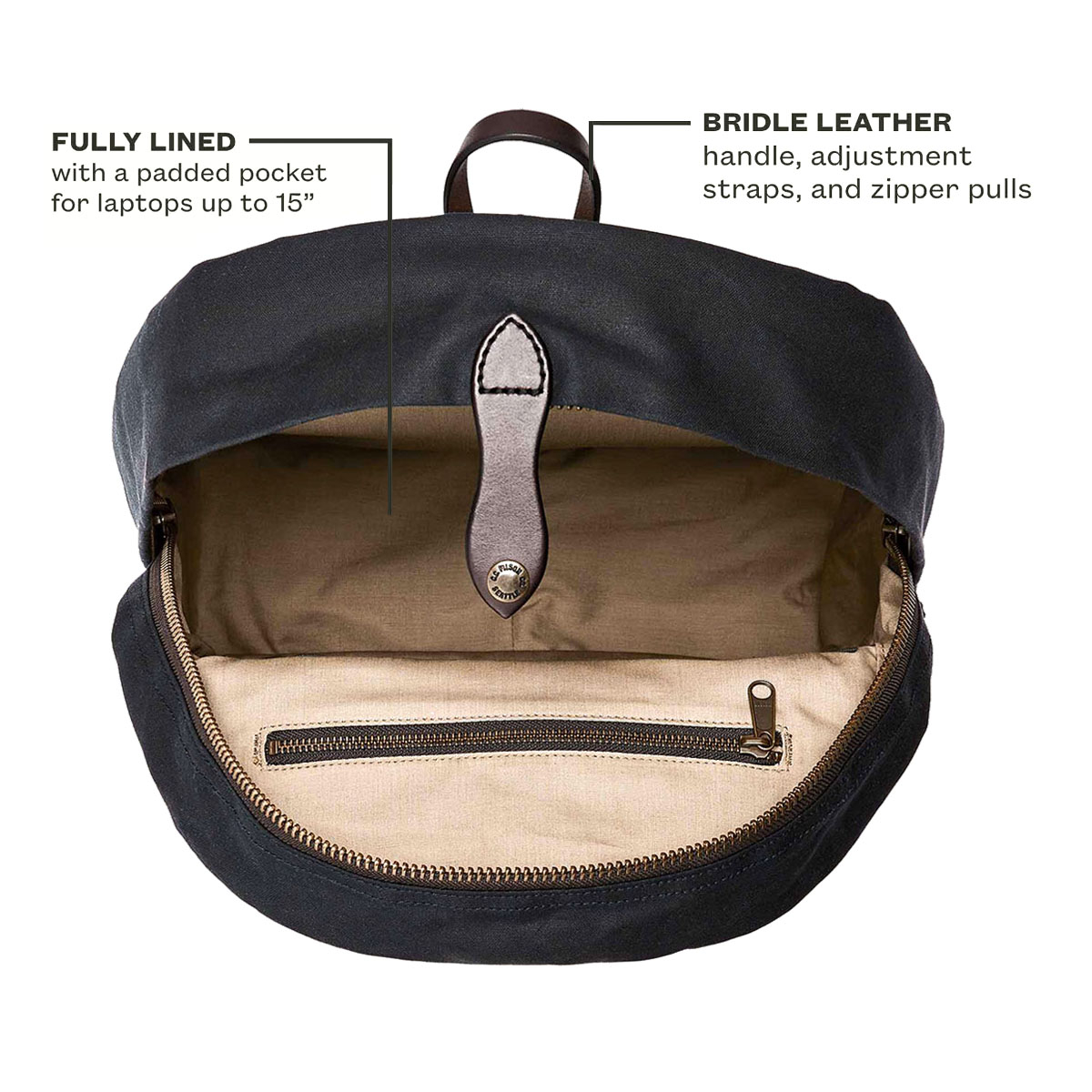 Filson Journeyman Backpack Navy, fully lined with protected compartment for your laptop