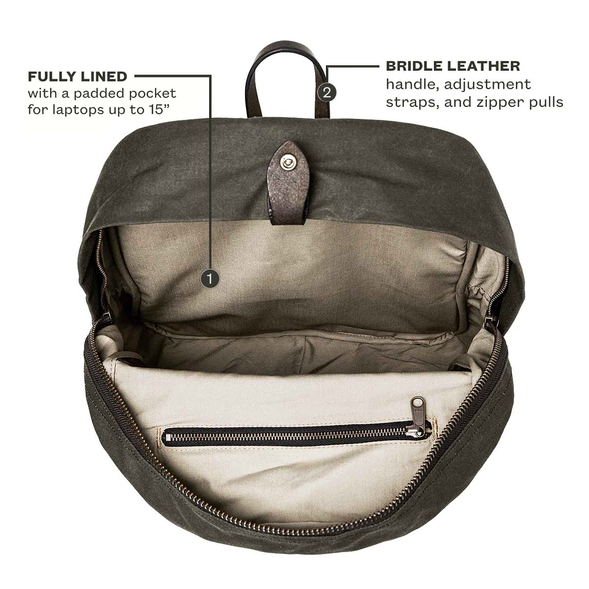 Filson Journeyman Backpack Otter Green, fully lined with a protected compartment for your laptop