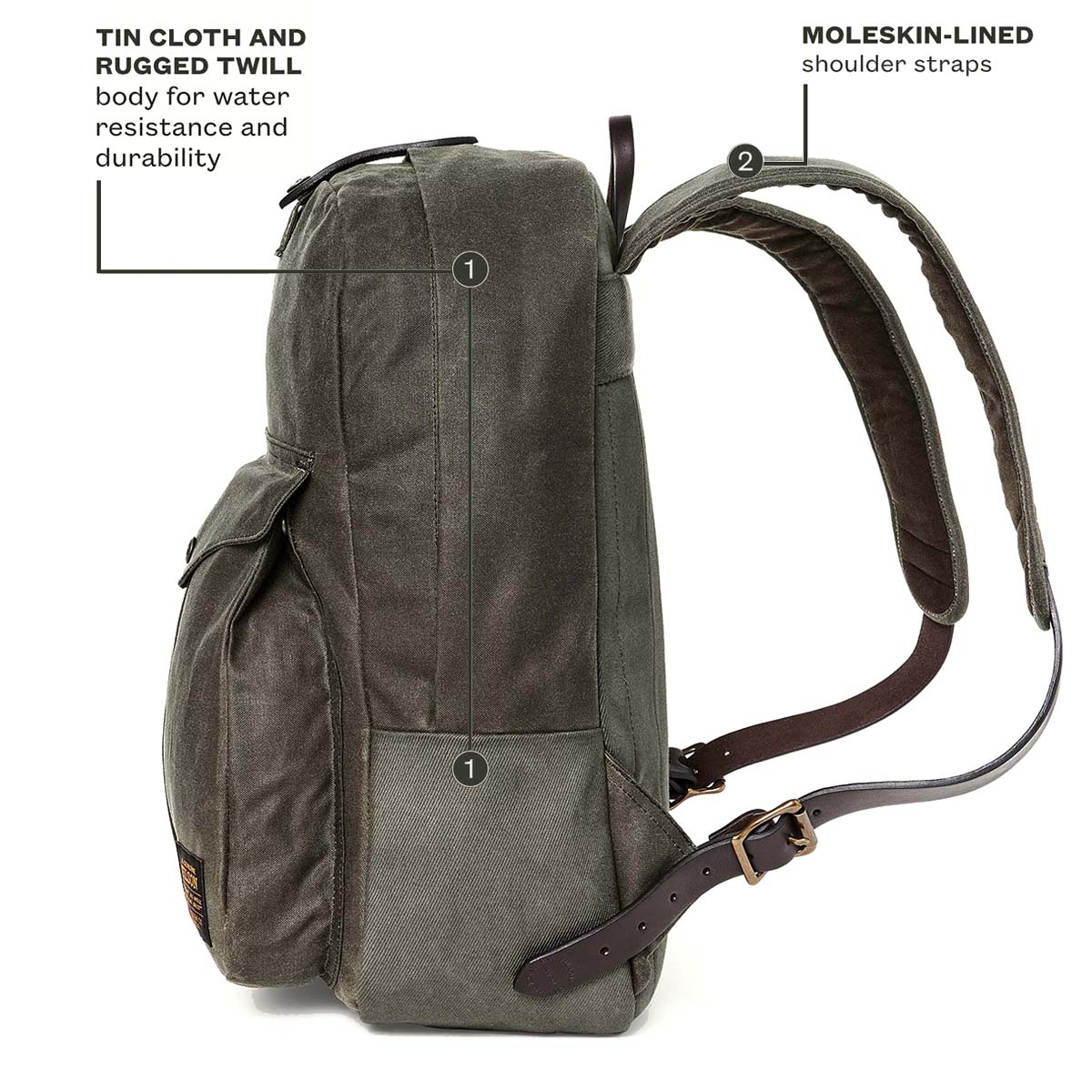 Filson Journeyman Backpack Otter Green, made of Tin Cloth and Rugged Twill Canvas for water resistance and durability