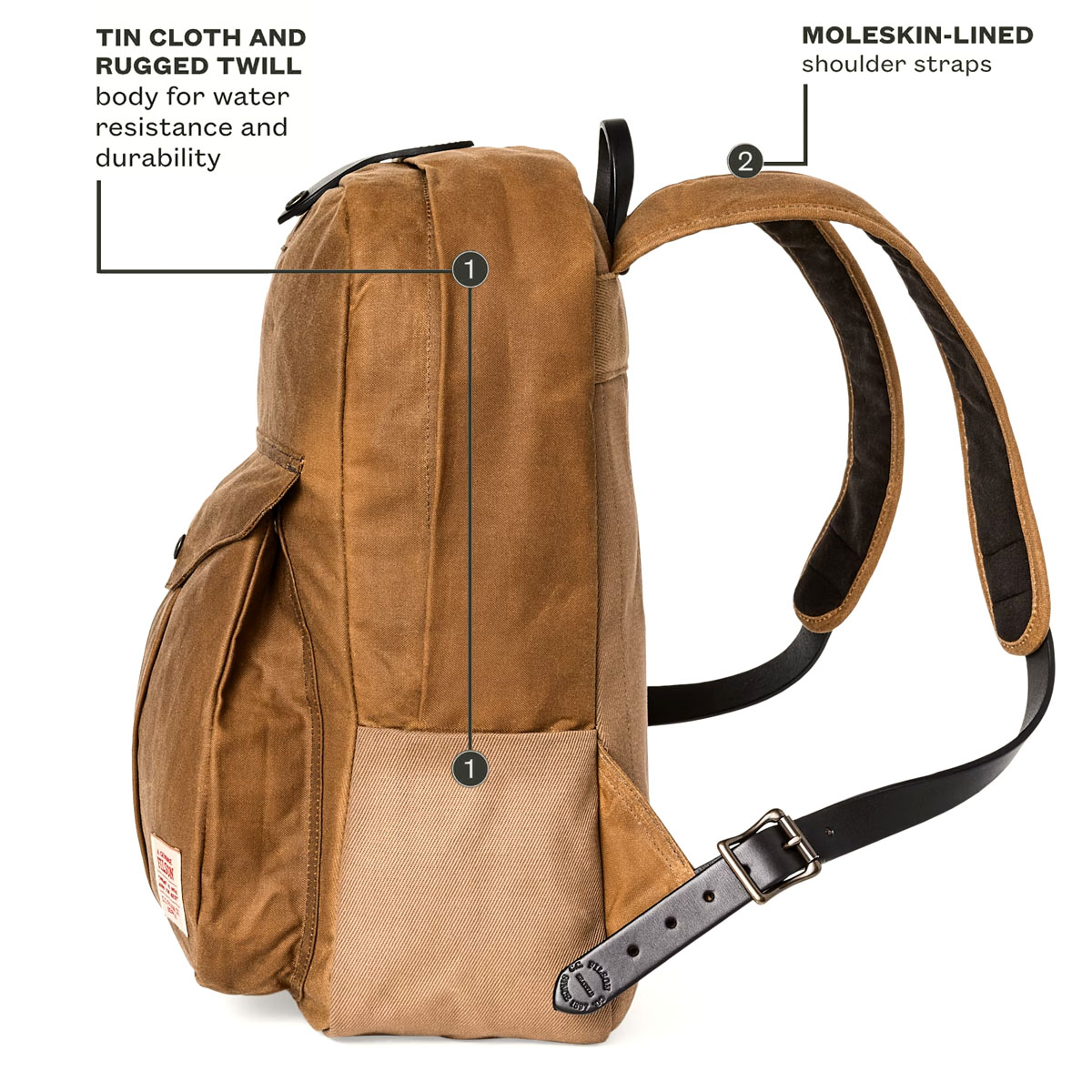 Filson Journeyman Backpack Tan, made of Tin Cloth and Rugged Twill Canvas for waterproofing and durability