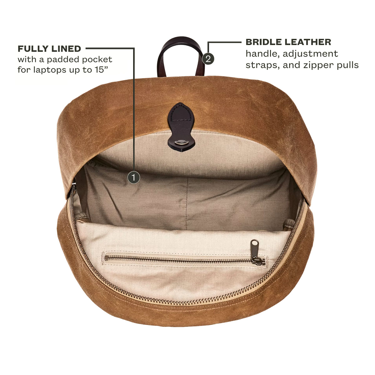 Filson Journeyman Backpack Tan, fully lined with protected compartment for your laptop