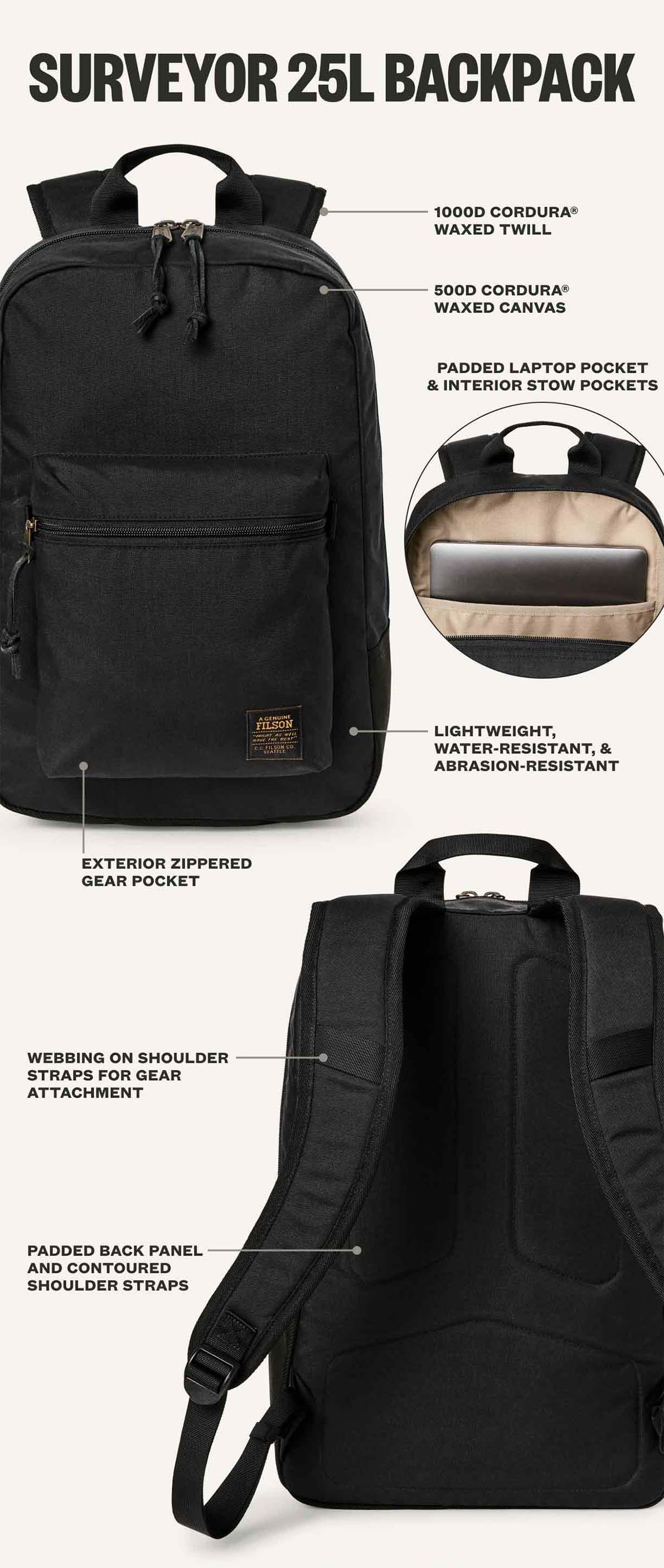 Filson Surveyor 25L Backpack Black, features a padded laptop compartment