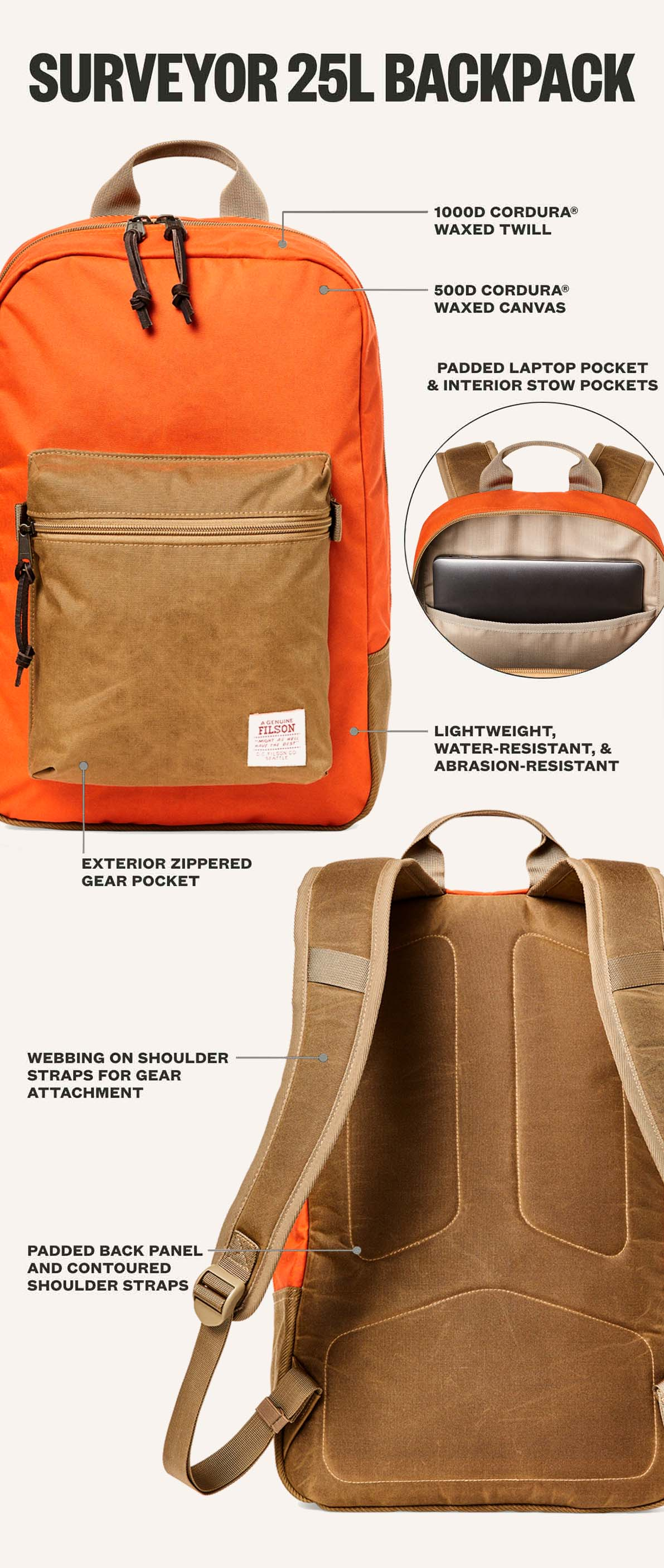 Filson Surveyor 25L Backpack Dark Tan/Flame, explained