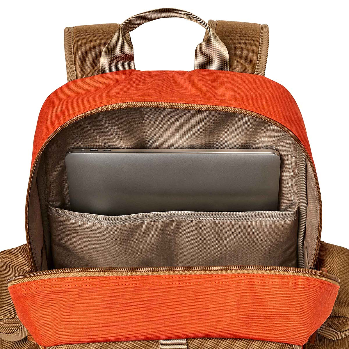 Filson Surveyor 36L Backpack Dark Tan/Flame, features a padded laptop compartment