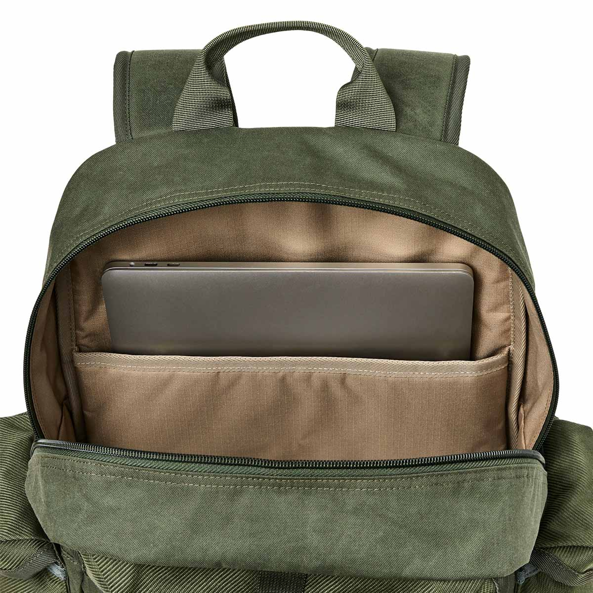 Filson Surveyor 36L Backpack Service Green, features a padded laptop compartment