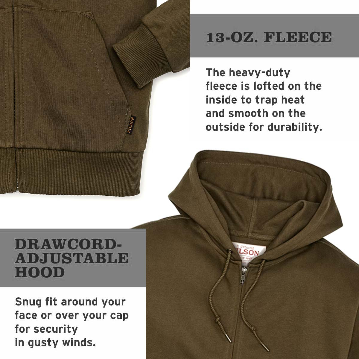 Filson Prospector Full Zip Hoodie Dark Olive, a cool-weather staple built for the long haul