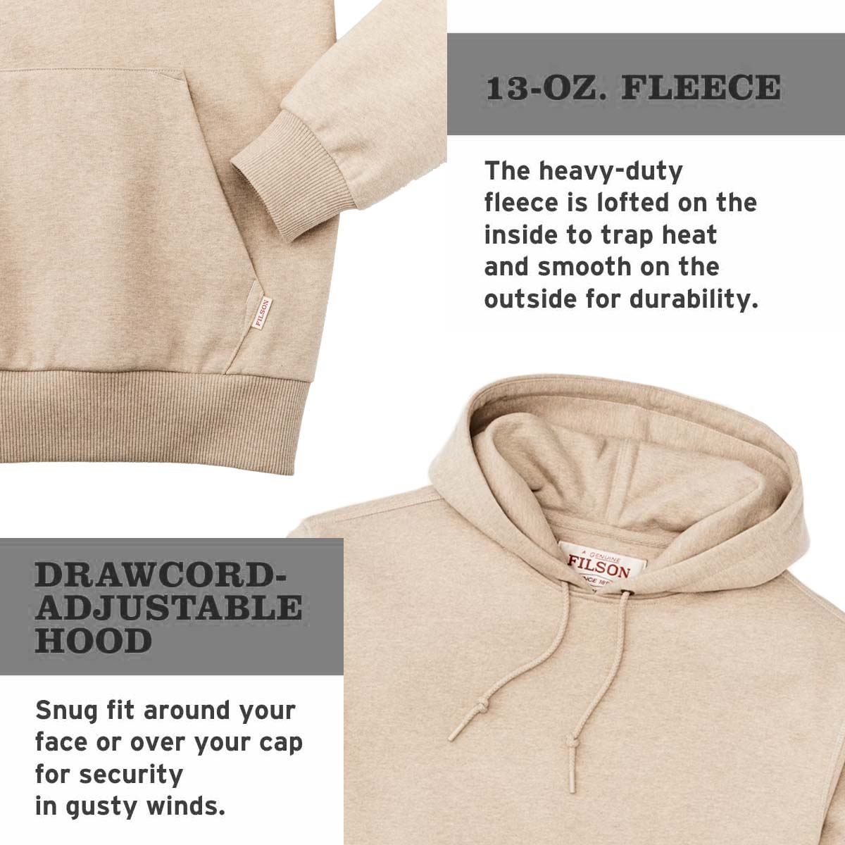 Filson Prospector Hoodie Oatmeal Heather, a cool-weather staple built for the long haul