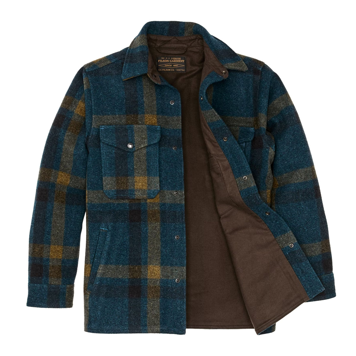 Filson Lined Mackinaw Wool Jac-Shirt Teal/Ochre Plaid, reliable snaps on the front, chest pocket flaps, and adjustable cuffs, this Jac-Shirt is easy to use even with gloves