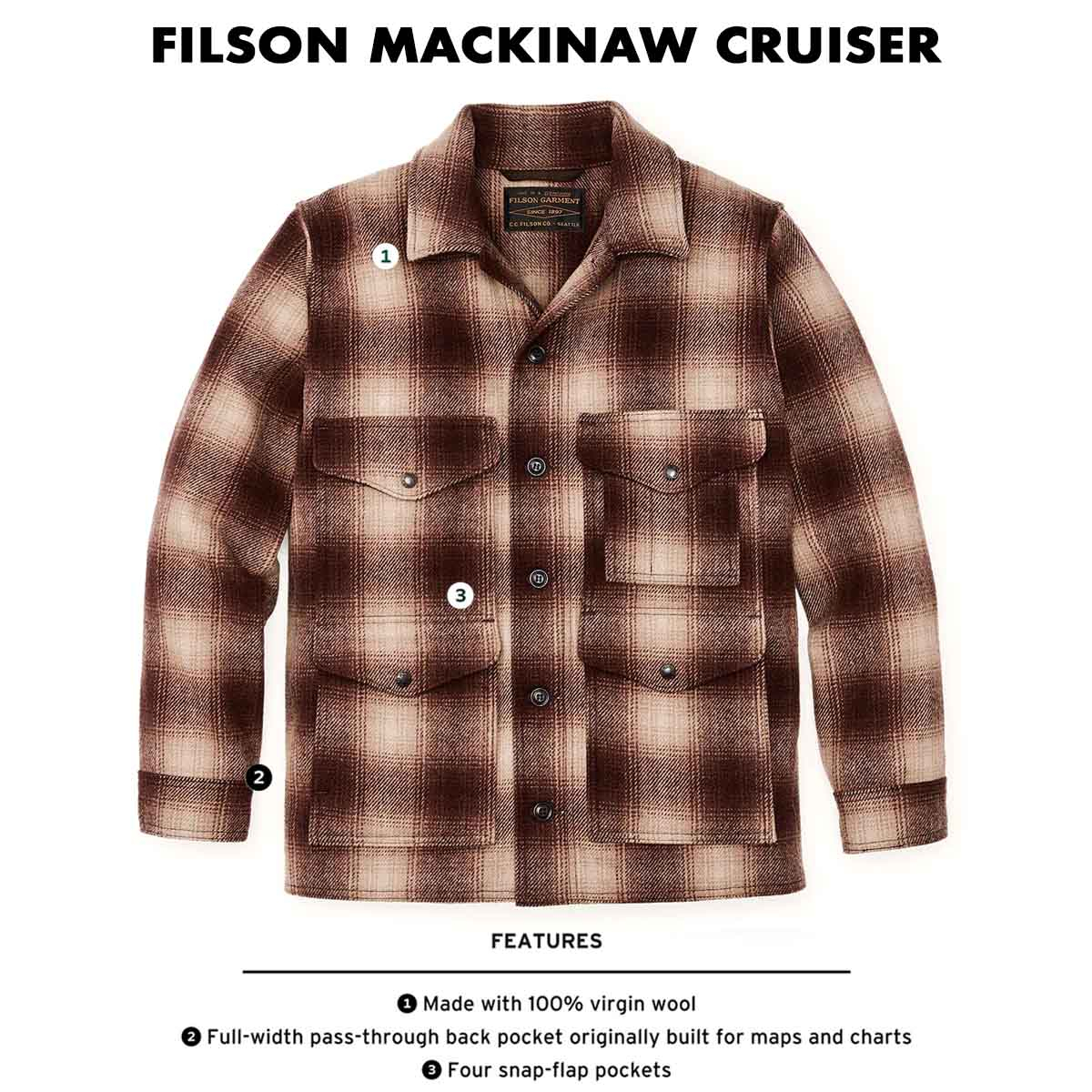 Filson Mackinaw Wool Cruiser Brown/Tan Ombre, features