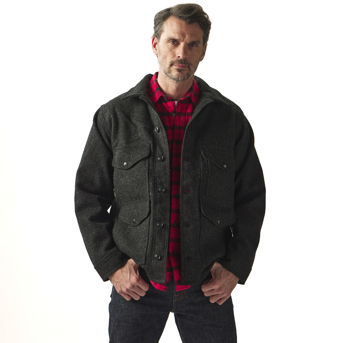 Filson Mackinaw Wool Cruiser Jacket Charcoal, Styled on model for size