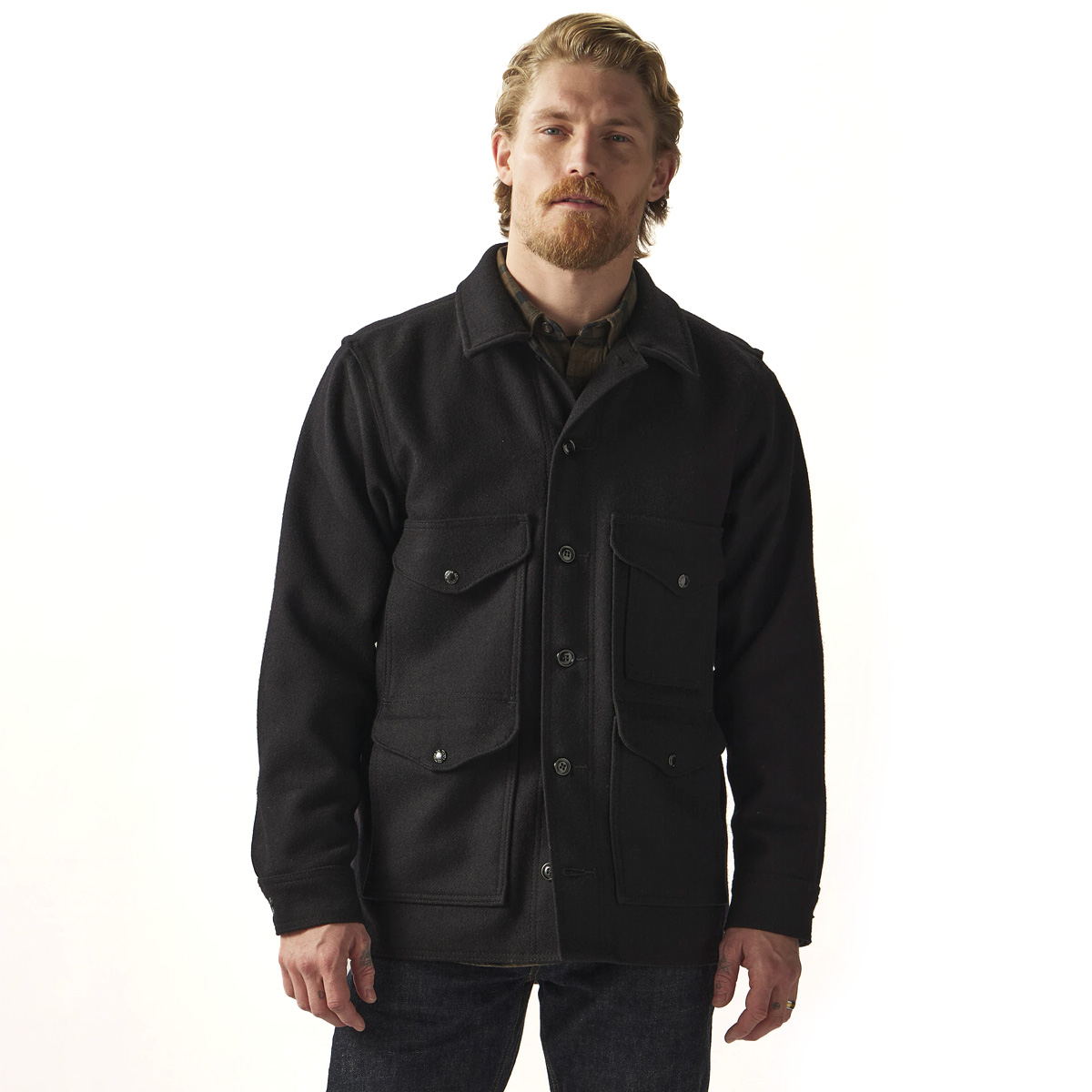 Filson Mackinaw Wool Cruiser Jacket Dark Navy, Styled on model for size