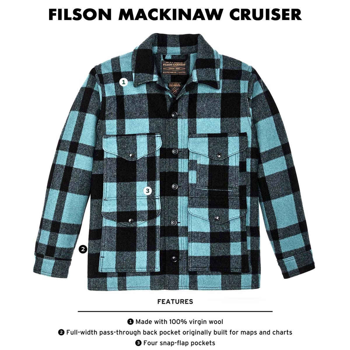 Chris Stapleton Signature Filson Mackinaw Wool Cruiser Jacket Faded Blue/Black Heritage, features