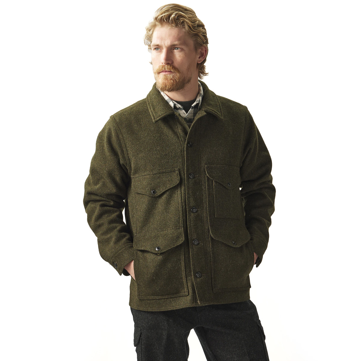 Filson Mackinaw Wool Cruiser Jacket Forest Green, Styled on model for size