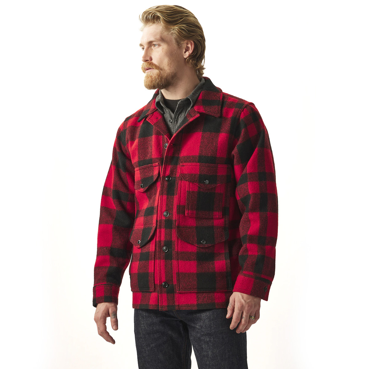 Filson Mackinaw Wool Cruiser Jacket Red/Black Plaid, Styled on model for size