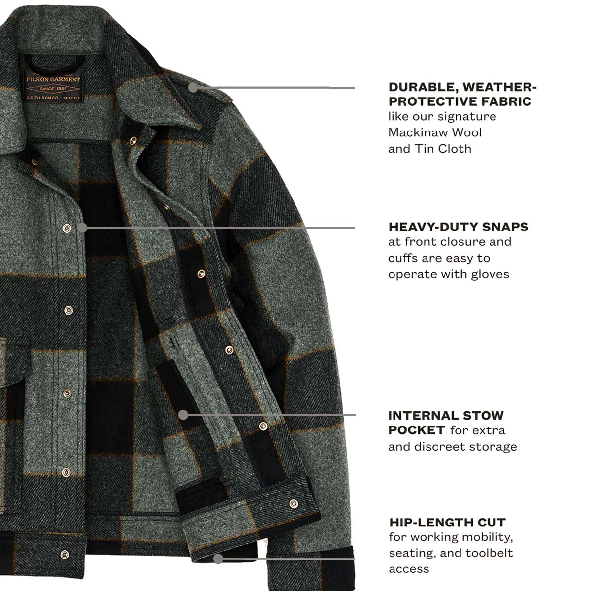 Filson Mackinaw Wool  Work Jacket Graystone/Black Plaid, Snap Closures and Chest Pockets