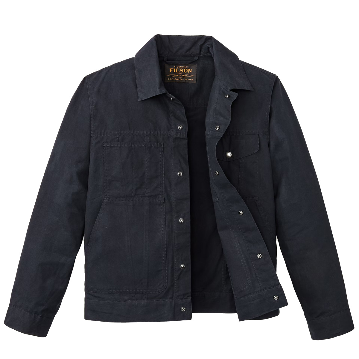 Filson Ranger Short Cruiser Navy, rugged hip-length jacket made from lighter, washable waxed cotton for warmer weather