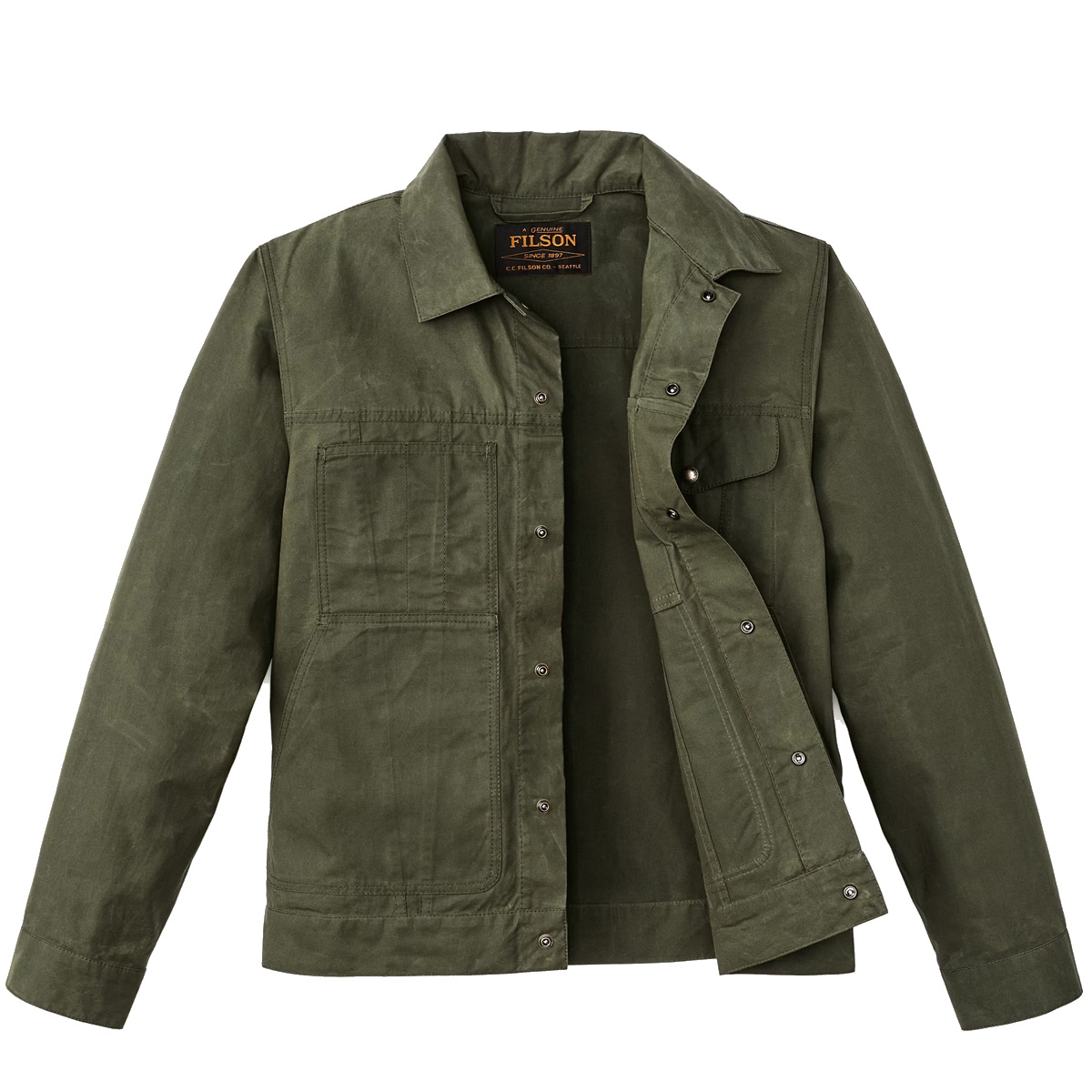 Filson Ranger Short Cruiser Olive, rugged hip-length jacket made from lighter, washable waxed cotton for warmer weather