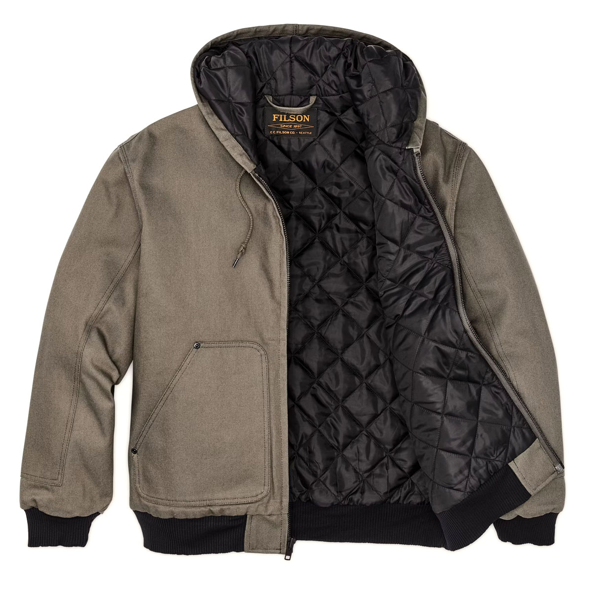 Filson Worksmith Insulated Bomber Jac Tarmac, a rugged hooded jacket made with tough canvas and warm insulation