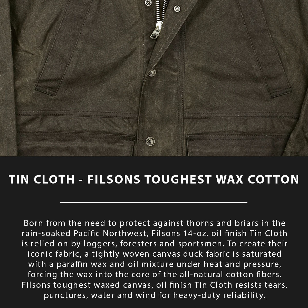 Filson Tin Cloth Field Jacket Otter Green, made of the legendary super strong, lightweight, and oil impregnated 14-oz. Tin Cloth canvas