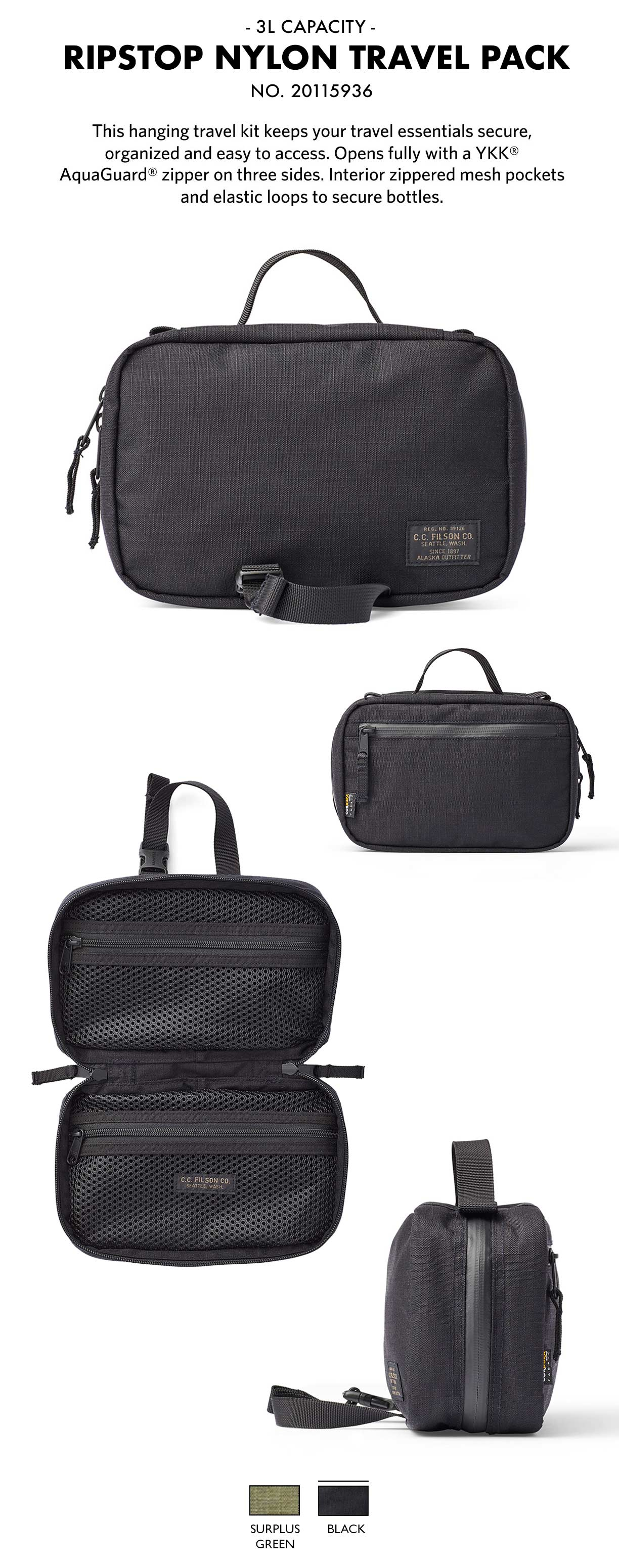 Filson Ripstop Nylon Travel Pack Black, lightweight and tough travel pack