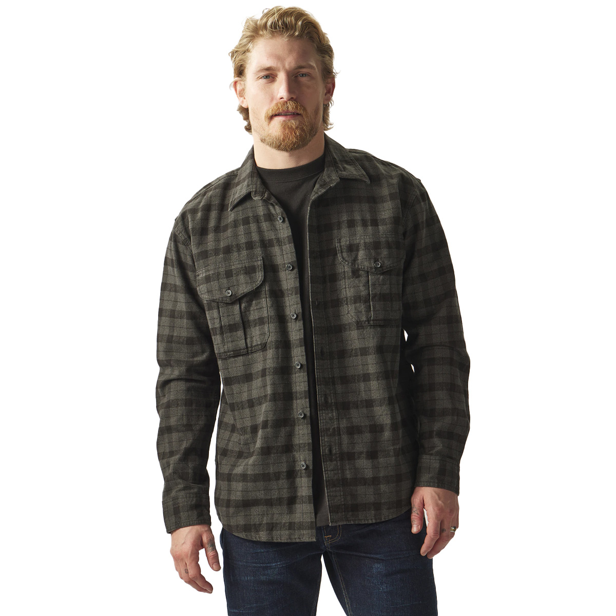 Filson Alaskan Guide Shirt Heather Gray/Black Plaid, Build with 8-oz. cotton flannel that's renowned for its unique combination of durability, softness and warmth