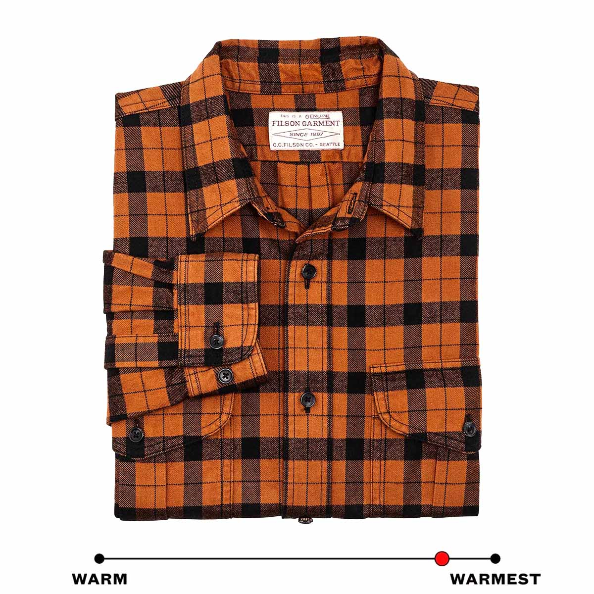 Filson Alaskan Guide Shirt Pecan-Black Plaid, this iconic, breathable flannel shirt has a pleated back for freedom of movement