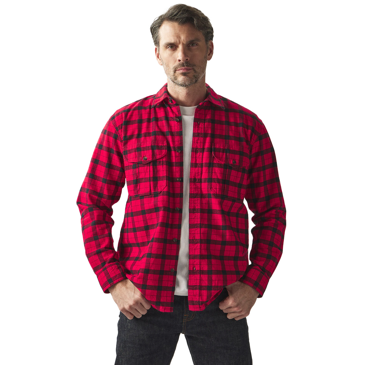 Filson Alaskan Guide Shirt Red/Black Plaid, Build with 8-oz. cotton flannel that's renowned for its unique combination of durability, softness and warmth