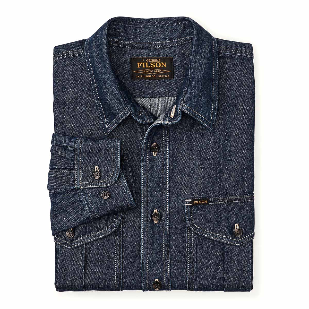 Filson Denim Guide Shirt Rinse Indigo, tough and ready to work denim shirt