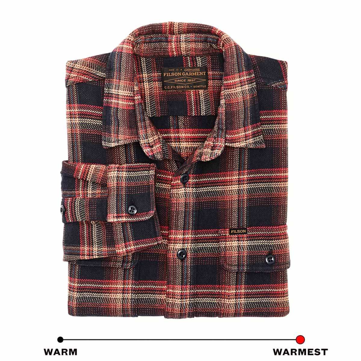 Filson Vintage Flannel Work Shirt Black/Rust/Multi Plaid, warm cotton button-front shirt with a soft brushed-twill interior