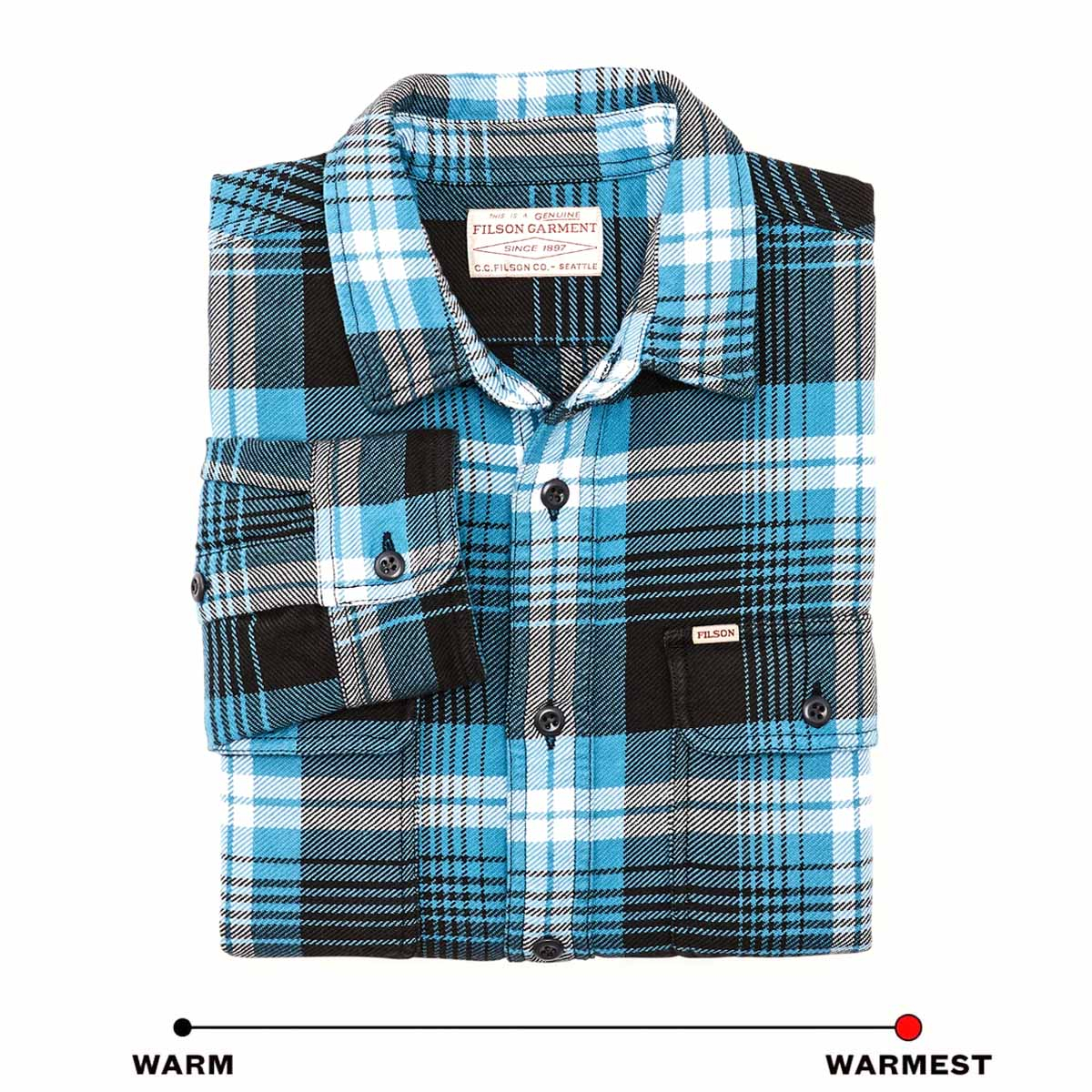 Filson Vintage Flannel Work Shirt Blue/Black/Multi Plaid, warm cotton button-front shirt with a soft brushed-twill interior