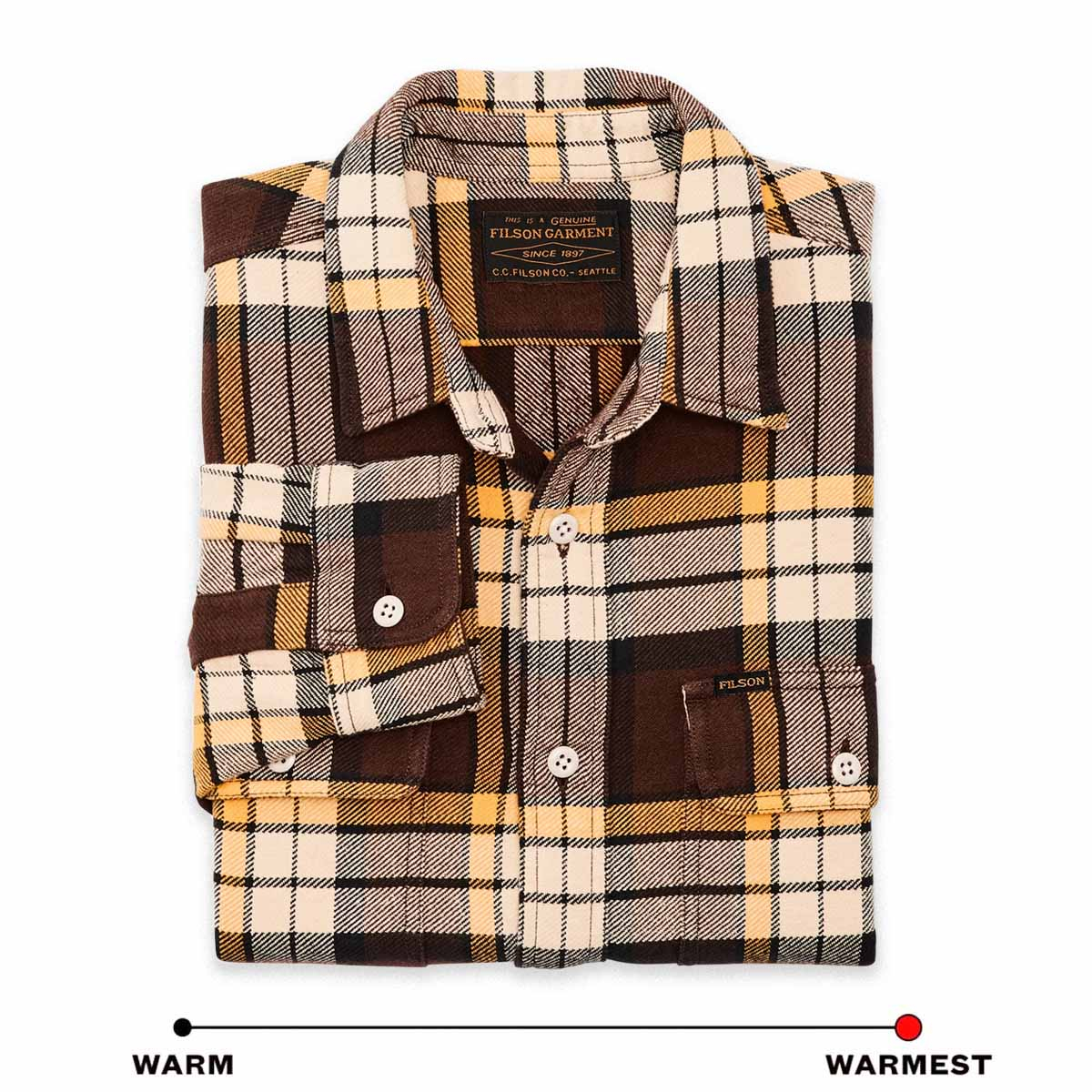 Filson Vintage Flannel Work Shirt Brown/Yellow/Multi Plaid, warm cotton button-front shirt with a soft brushed-twill interior