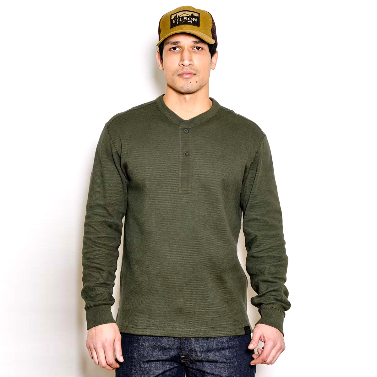 Filson Waffle Knit Henley Mossy Rock, Styled on model for size