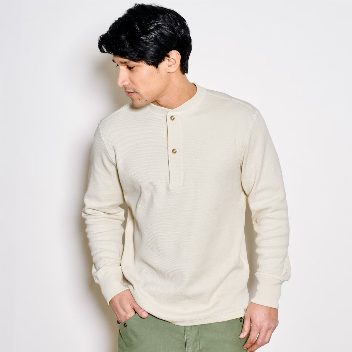 Filson Waffle Knit Henley Sand, Styled on model for size