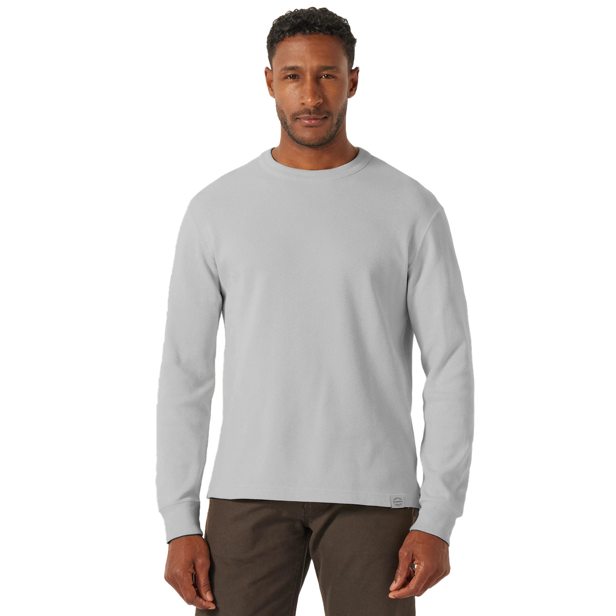 Filson Waffle Knit Thermal Crew Light Heather Gray Sand, Styled on model for size