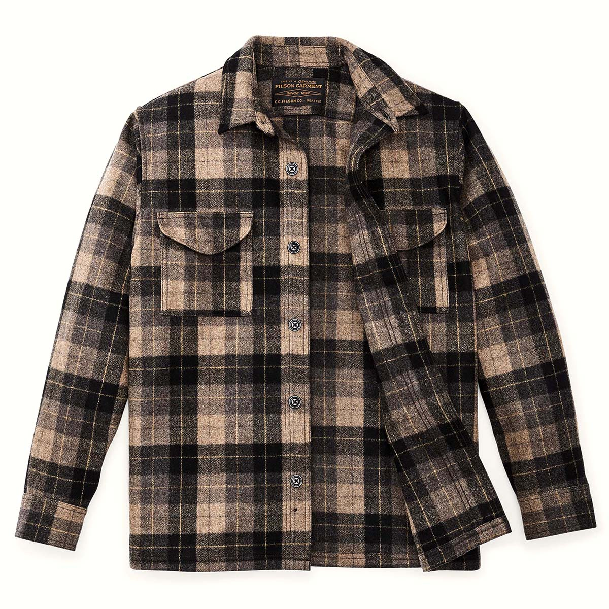 Filson Wool Jac-Shirt Oat/Brown/Heather/Multi Plaid, features flap-covered chest pockets with hidden buttons and a straight hem for untucked wear