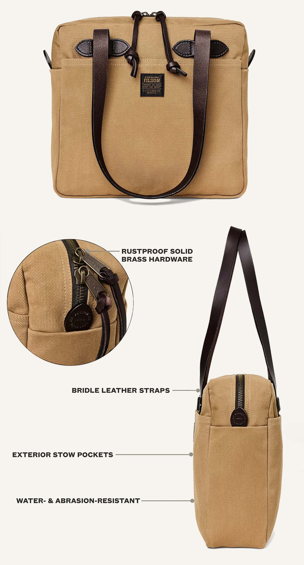 Filson Rugged Twill Small Zipper Tote Bag Tan is super sturdy and ideal for shopping or to take with you as a day pack in the city