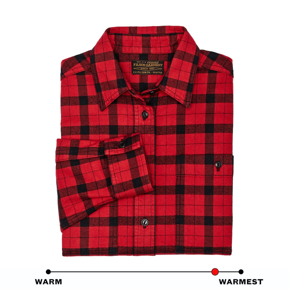 Filson Women's Alaskan Guide Shirt Red/Black Plaid, this iconic, breathable flannel shirt has a pleated back for freedom of movement