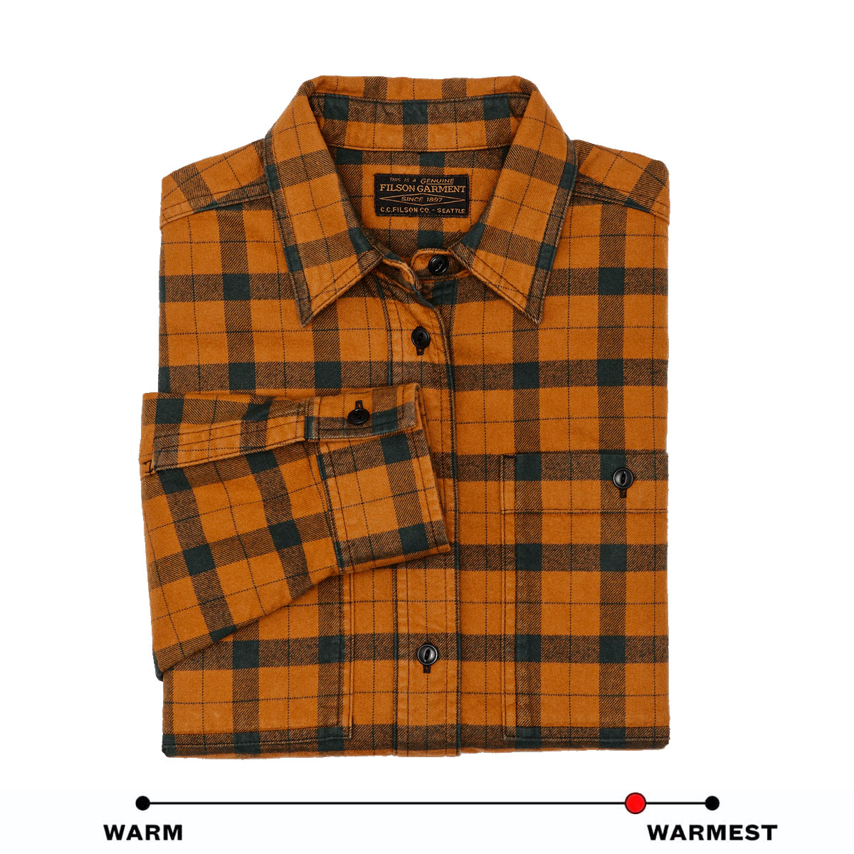 Filson Women's Alaskan Guide Shirt Spruce/Squash Plaid, this iconic, breathable flannel shirt has a pleated back for freedom of movement