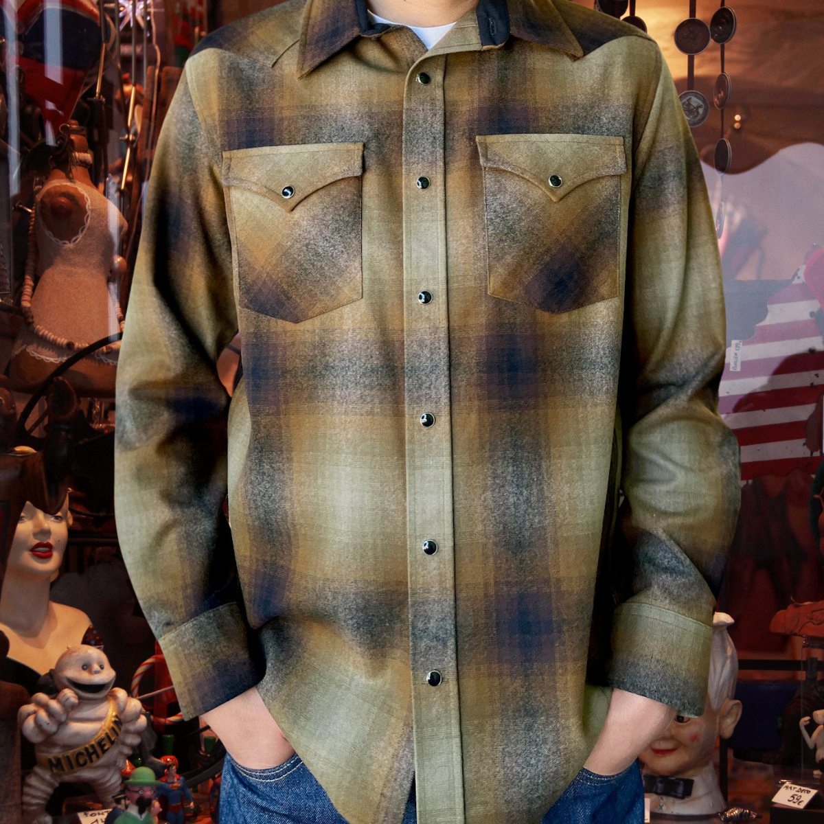 Pendleton Canyon Shirt Olive/Brown Ombre, made of 100% virgin wool