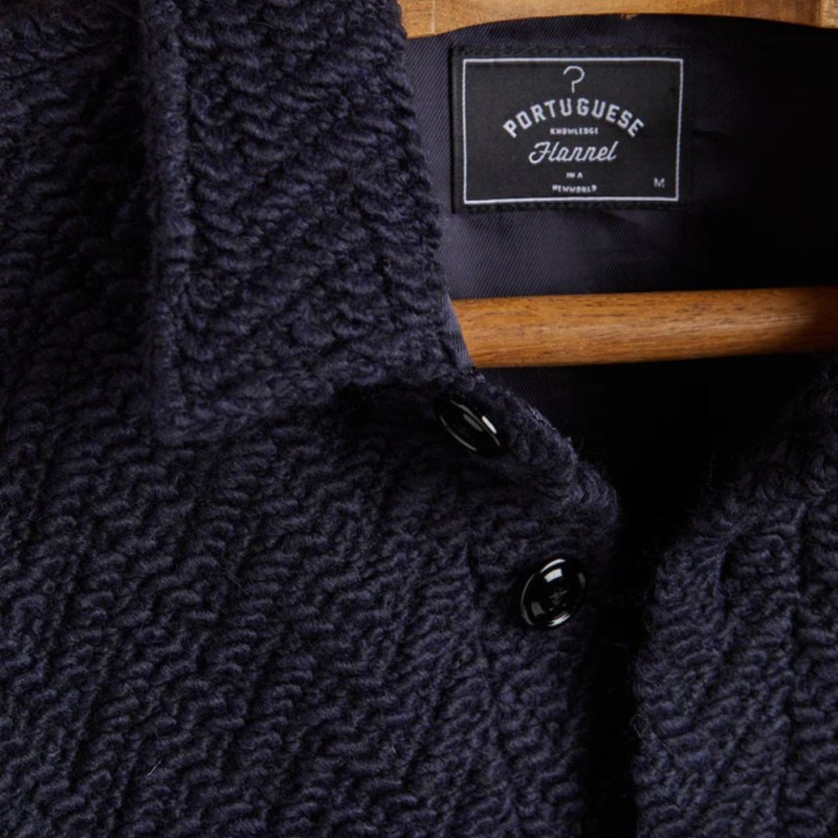 Portuguese Flannel Knitted Herringbone Overshirt Navy, made with the finest exclusive fabrics