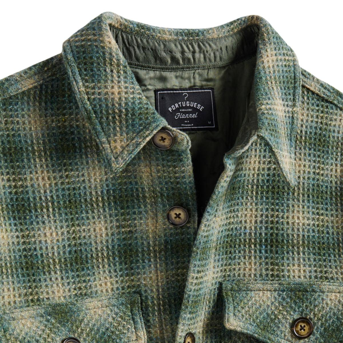 Portuguese Flannel Waffle Overshirt Green, made from 100% wool